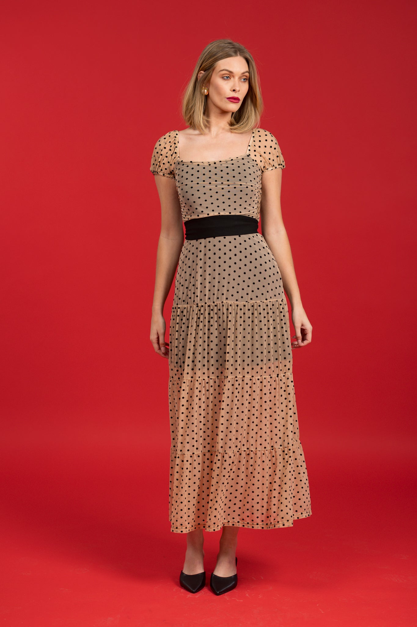 THE DELPHINE DRESS - NUDE/BLACK DOT