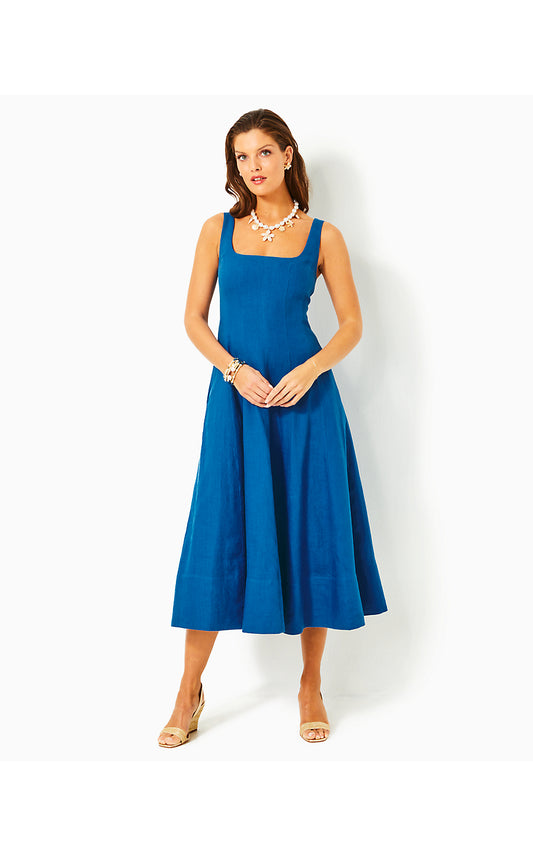 CALINA LINEN MIDI DRESS - BARTON BLUE