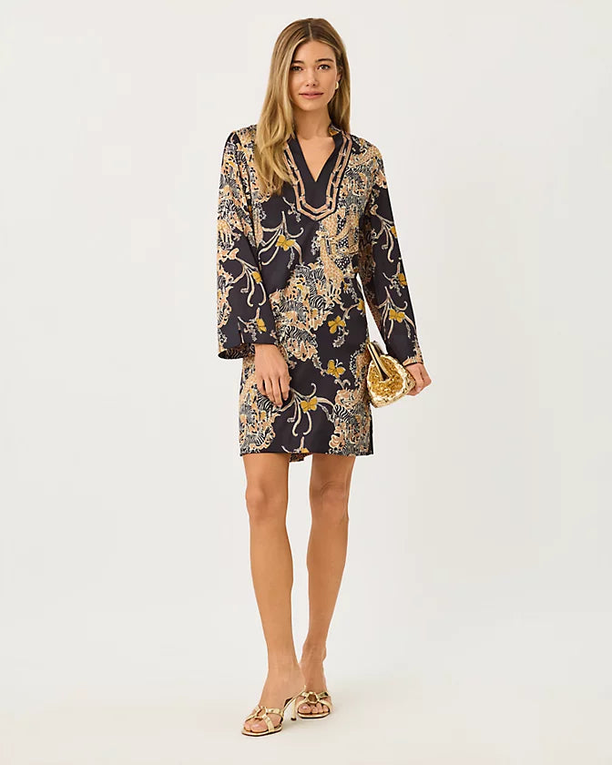 IRELLA CAFTAN DRESS-ONYX-STRIPED SAFARI ENGINEERED WOVEN DRESS
