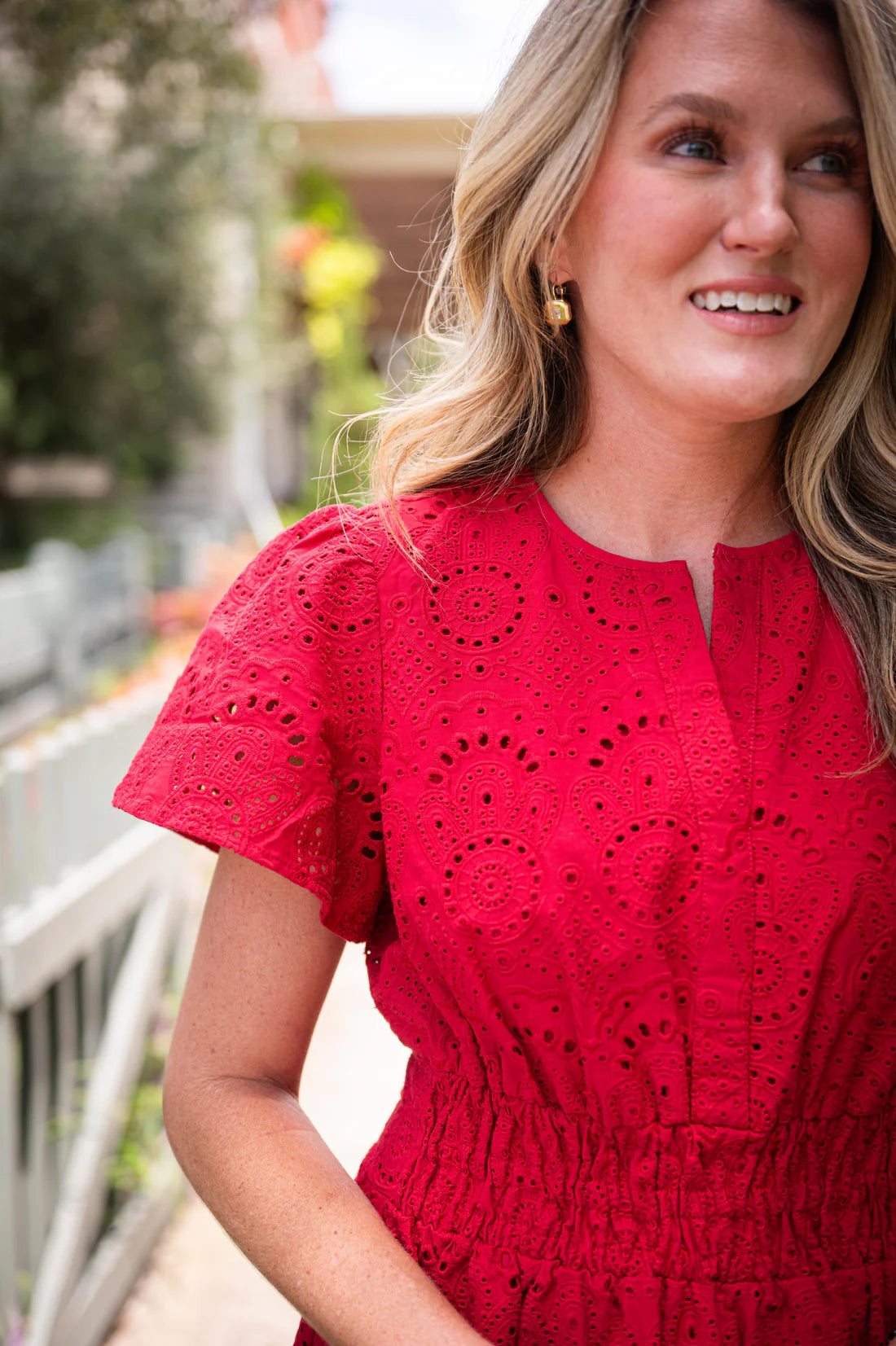 RED EYELET CINCHED WAIST MIDI DRESS