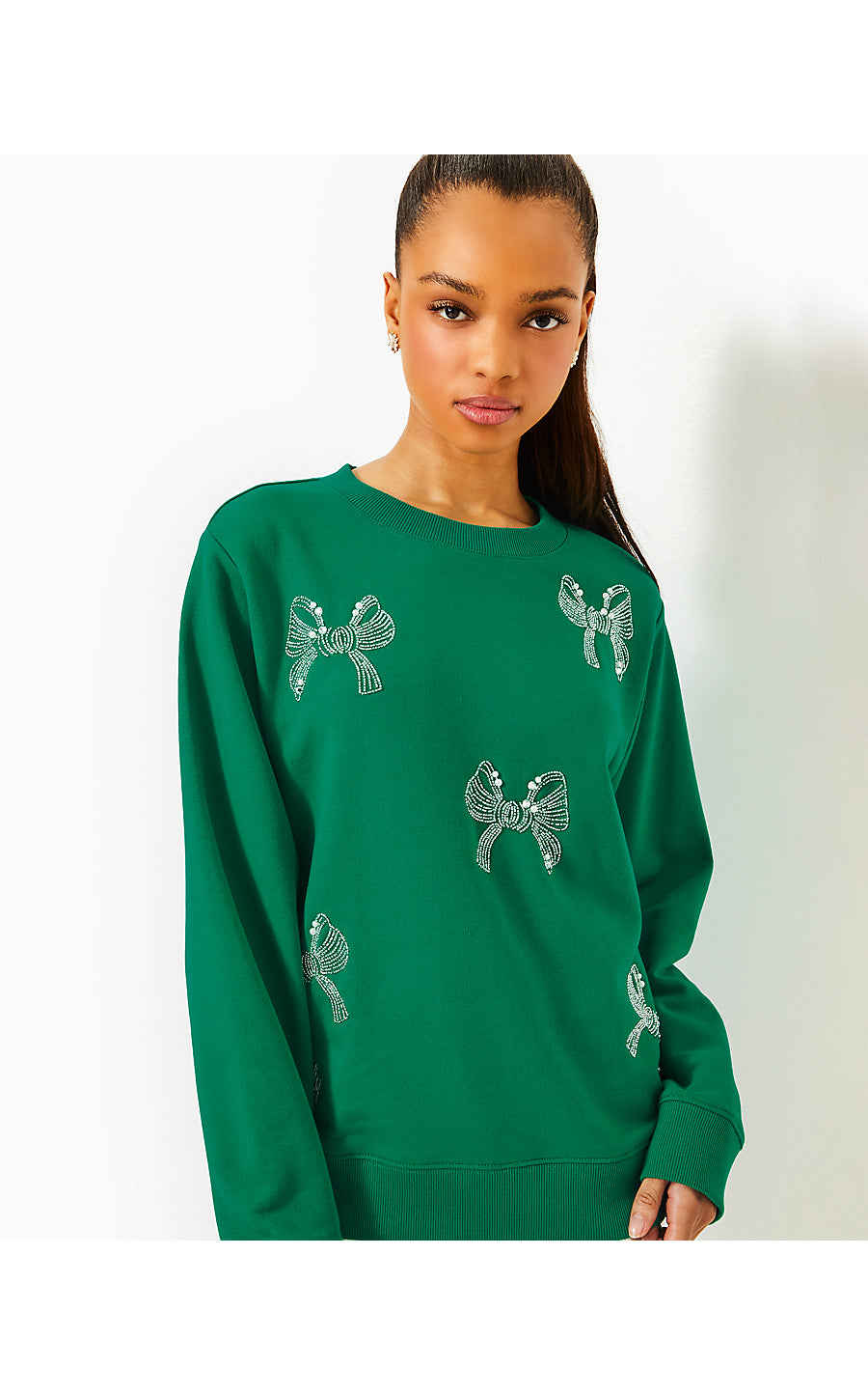 BALLAD LONG SLEEVE SWEATS - FIDDLE LEAF GREEN - BOW EMBELLISHMENT