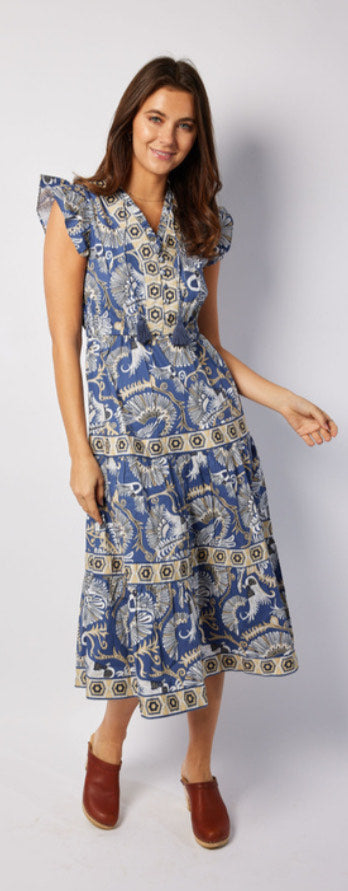 CINCHED WAIST FLUTTER MIDI DRESS/BIRDS OF PARADISE PRINT