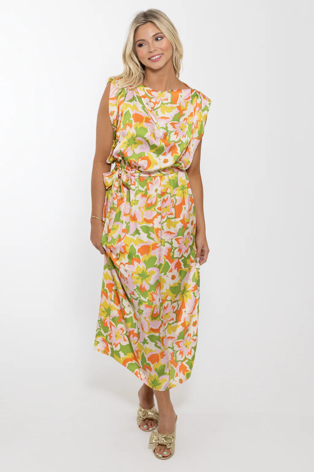 Abstract Floral Satin Maxi Dress - Sherbert