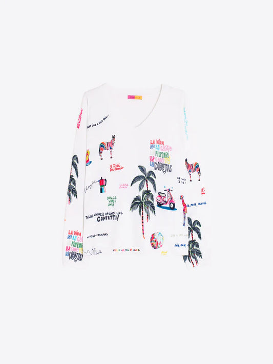 QUIRKY PRINTED WHITE JERSEY SWEATER