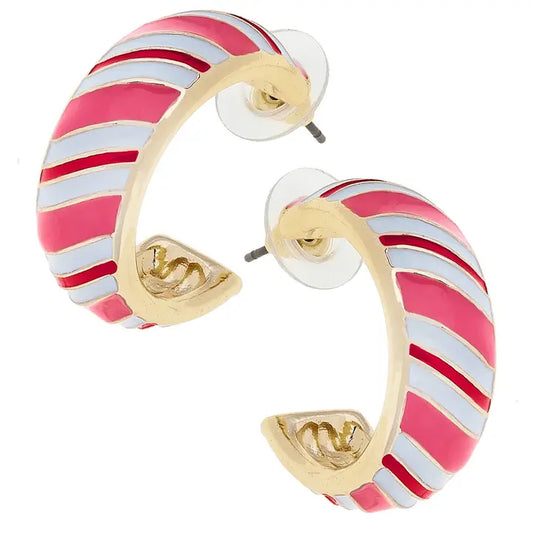 CANDY CANE STRIPED ENAMEL HOOP EARRINGS IN PINK/RED/WHITE
