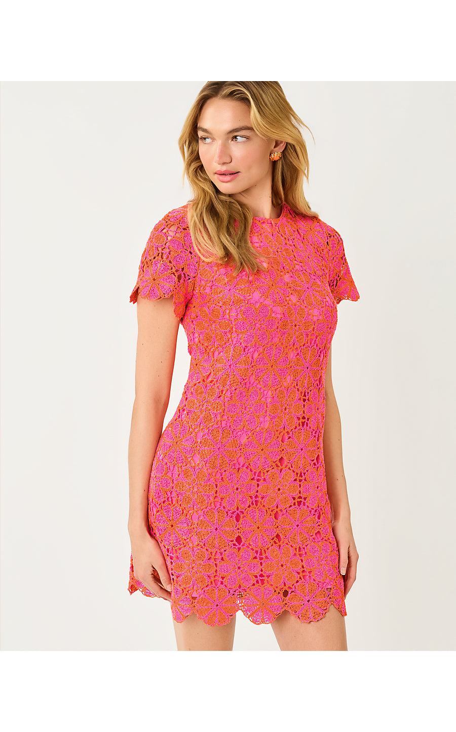 CORTNEY CROCHET SHIFT - CHERRY BLOSSOM PINK X SUNSET ORANGE - FULL BLOOM KNIT CROCHET PANEL