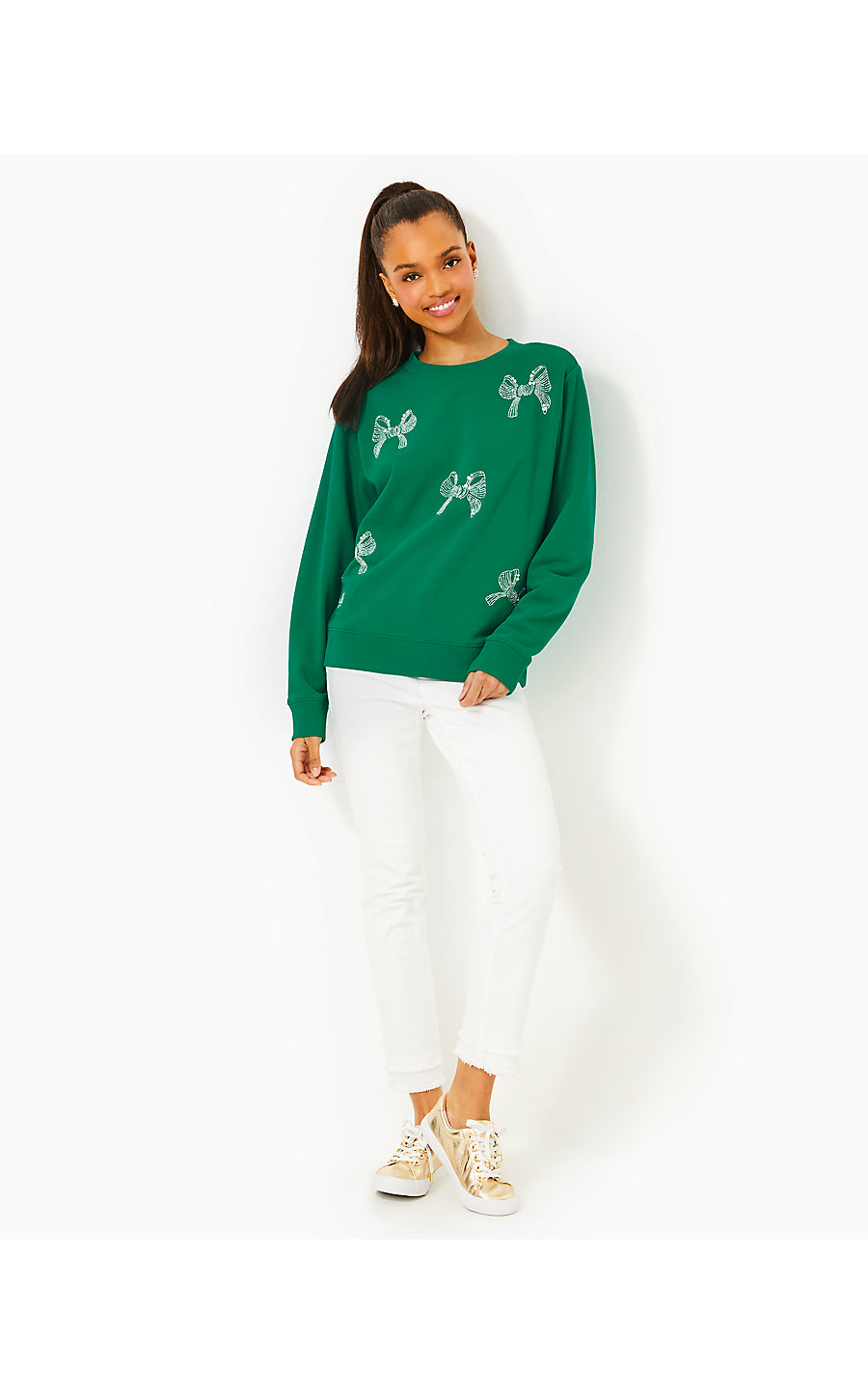 BALLAD LONG SLEEVE SWEATS - FIDDLE LEAF GREEN - BOW EMBELLISHMENT