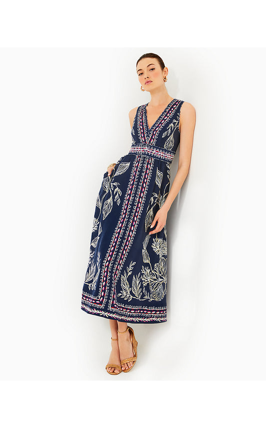 DANIELLA MIDI DRESS - LOW TIDE NAVY - COASTAL LOCALE ENGINEERED WOVEN DRESS