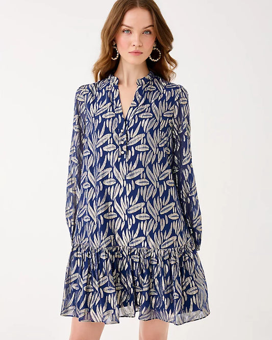 EVALINE SILK DRESS - LOW TIDE NAVY - LEAFY BABE METALLIC SILK CLIP