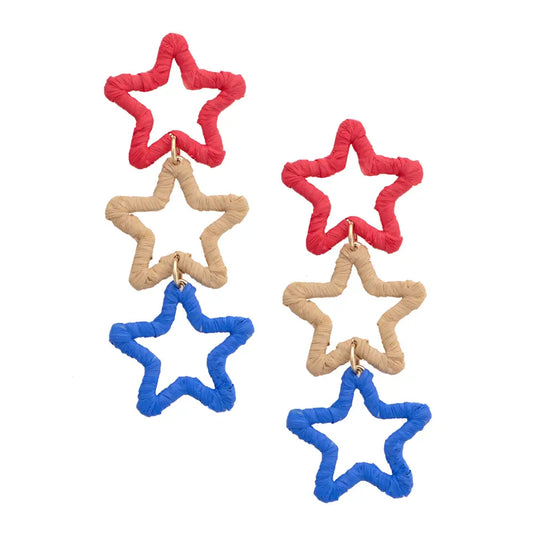 Triple Drop Raffia Star Earrings in Red