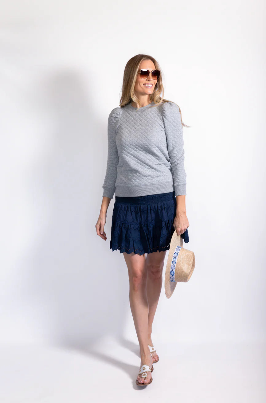 QUILTED PUFF SLEEVE SWEATSHIRT- HEATHER GREY