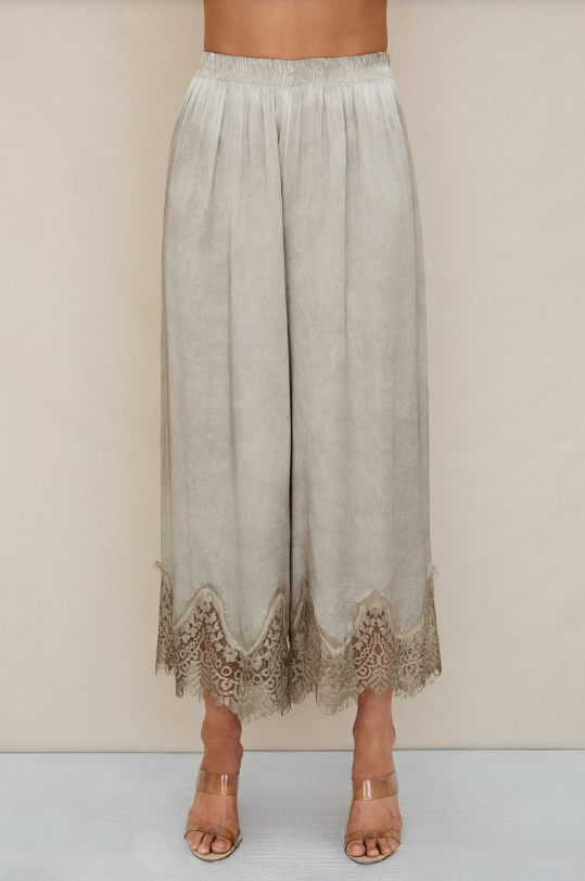 MINERAL WASH LACE HEM PANTS - MOCHA