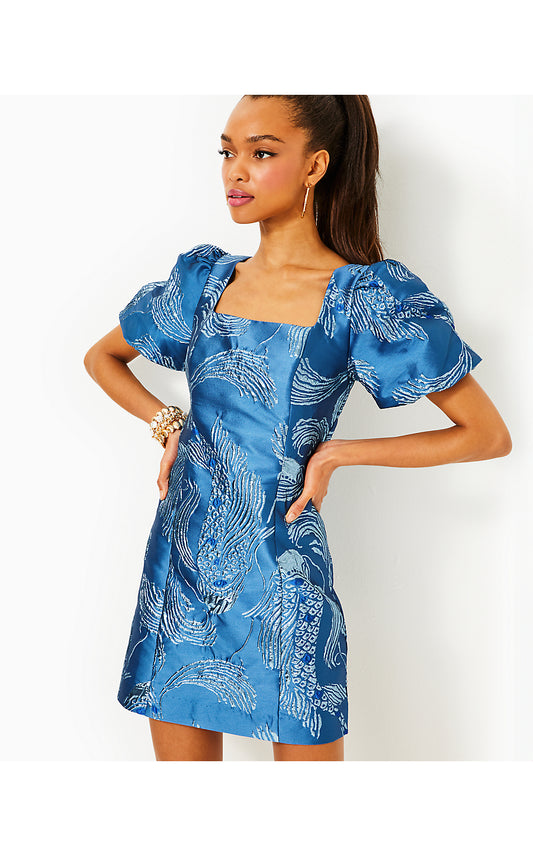 BOOKER SKIRTED ROMPER - LOW TIDE NAVY - DANCING KOI METALLIC JACQUARD