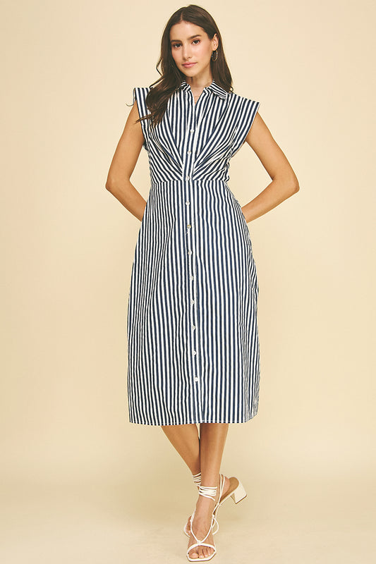 STRIPED BUTTON DOWN MIDI DRESS - NAVY