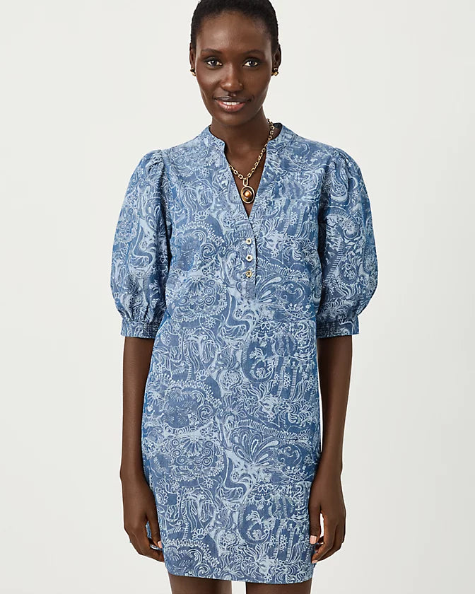 MIALEIGH ELBOW SLEEVE DRESS - INDIGO - ALL DAY CHAMBRAY PAISLEY PARADE PIGMENT
