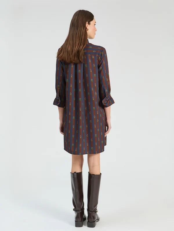 Flower Stripe Dress - Brown and Navy