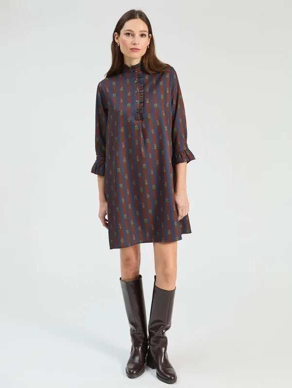 Flower Stripe Dress - Brown and Navy
