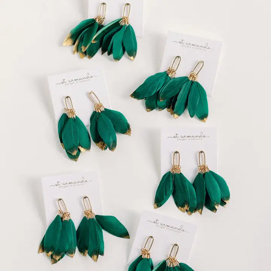 Emerald Gold Dipped Fall Feather Tassel Statement Earrings