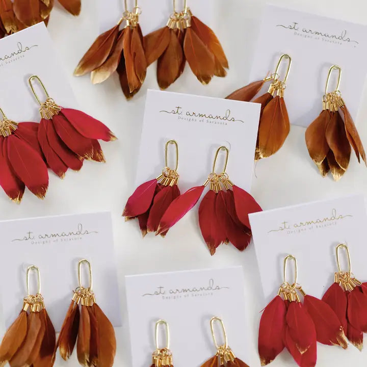 Garnet Gold Dipped Fall Feather Statement Earrings