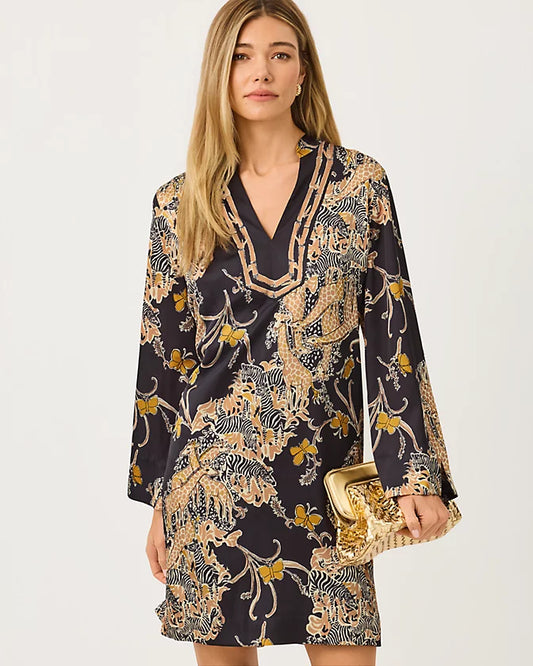IRELLA CAFTAN DRESS-ONYX-STRIPED SAFARI ENGINEERED WOVEN DRESS
