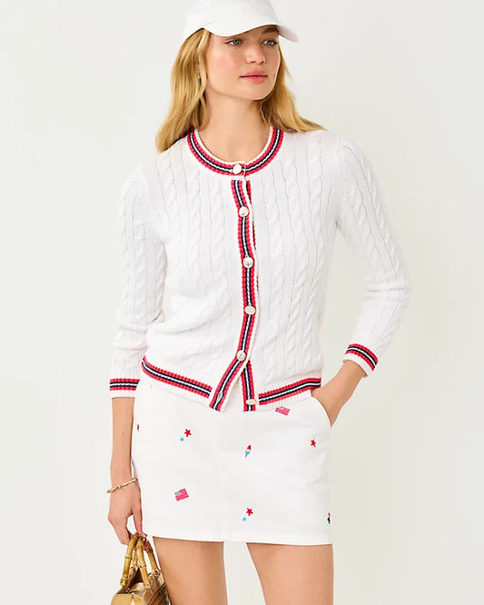 COLETTE DENIM SKORT - RESORT WHITE - ITS A 250TH CELEBRATION EMBROIDERY