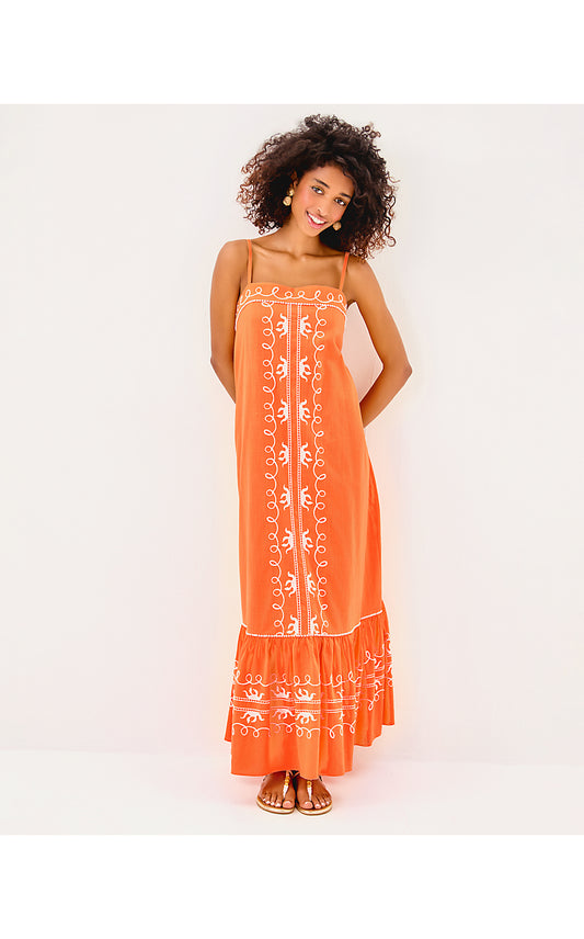ROZALIE MAXI DRESS - PAPAYA - FROND FANTASY EMBROIDERY