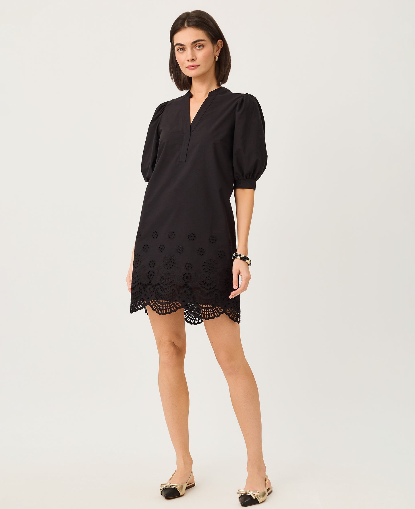 MIALEIGH ELBOW SLEEVE DRE-NOIR-SCALLOPED EYELET BORDER POPLIN