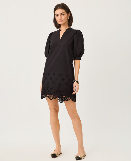 MIALEIGH ELBOW SLEEVE DRE-NOIR-SCALLOPED EYELET BORDER POPLIN
