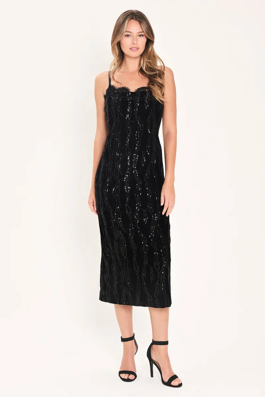 A Sequined Velvet Midi Dress - Black