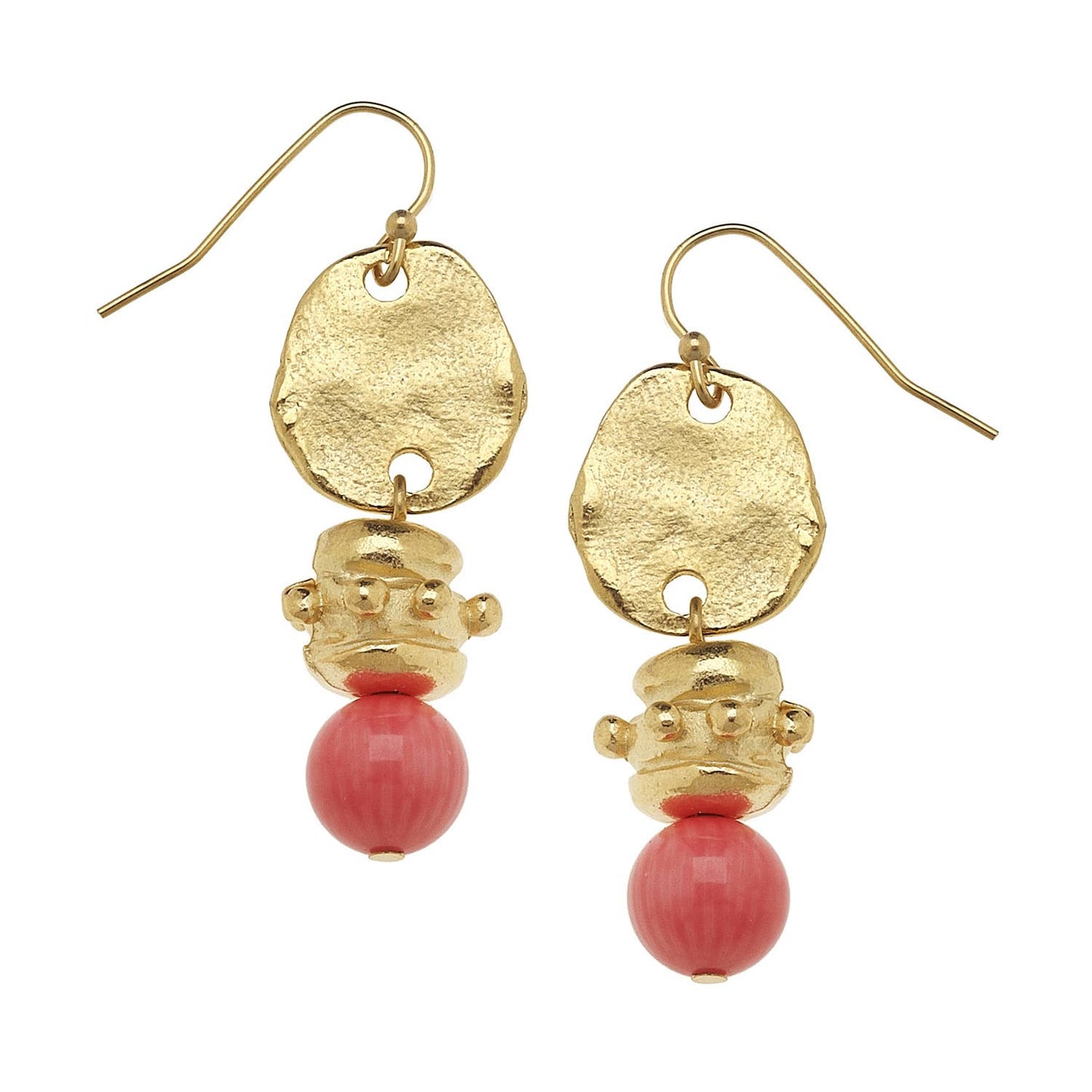 Gold Oval and Pink Coral Earrings