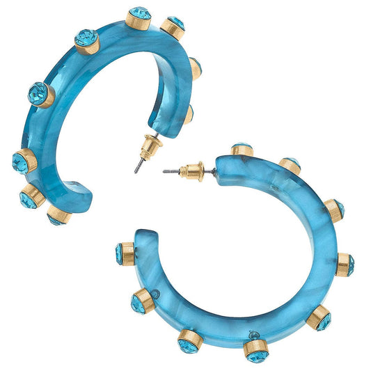 Renee Resin and Rhinestone Hoop Earrings - Aqua