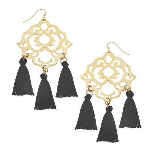 Gold Filigree with Black Tassel Earrings