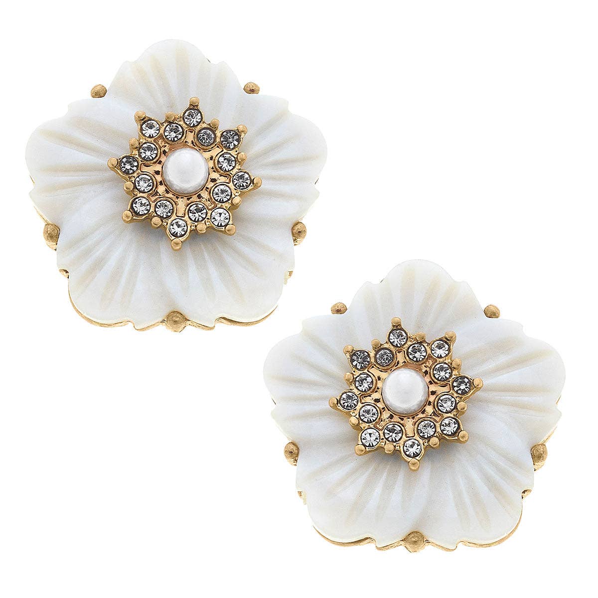 Eve Pavé and Pearl Flower Stud Earrings in Ivory