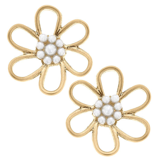 Daisy Flower Stud Earrings in Worn Gold