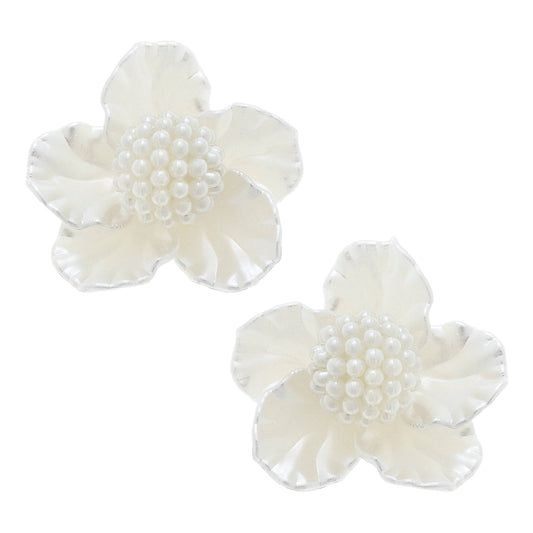 Olive Pearl Beaded Flower Stud Earrings in Ivory