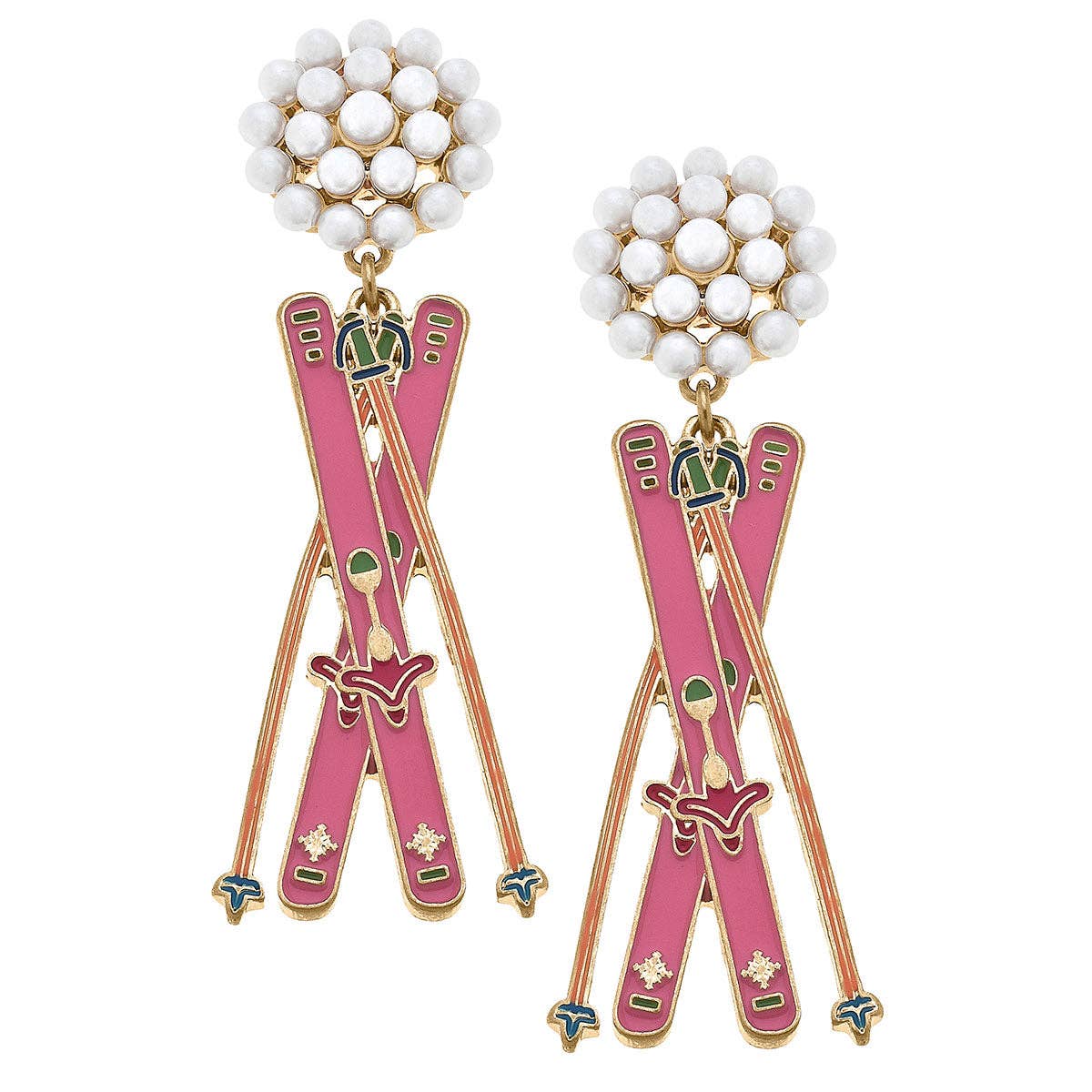 Aspen Ski Pearl Cluster Enamel Earrings in Pink