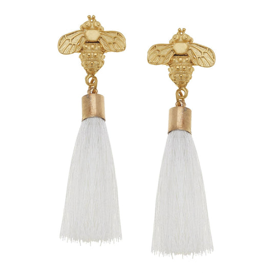 Gold Bee and White Silk Tassel Earrings