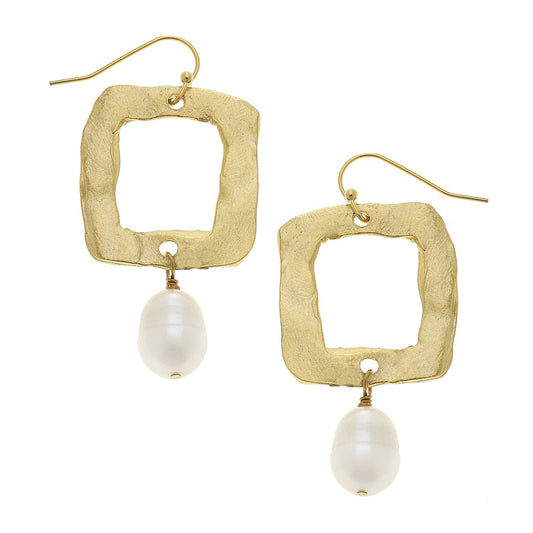 Gold Open Square and Genuine Freshwater Pearl Earrings