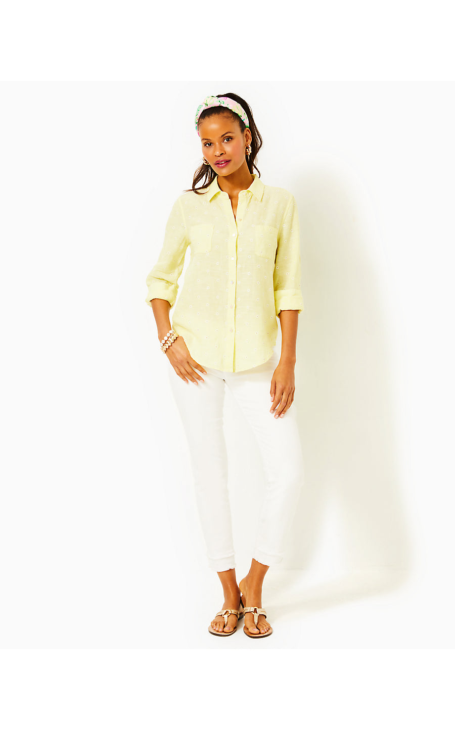 SEA VIEW BUTTON DOWN - FINCH YELLOW - YOU DRIVE ME DAISY EMBROIDERED LINEN