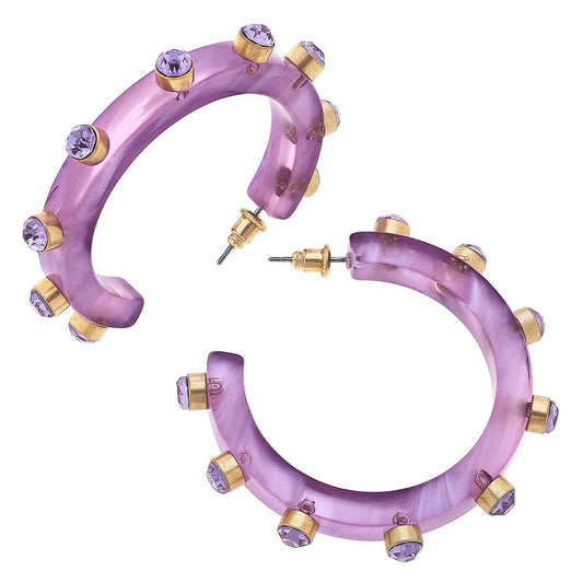 Renee Resin and Rhinestone Hoop Earrings - Lavender