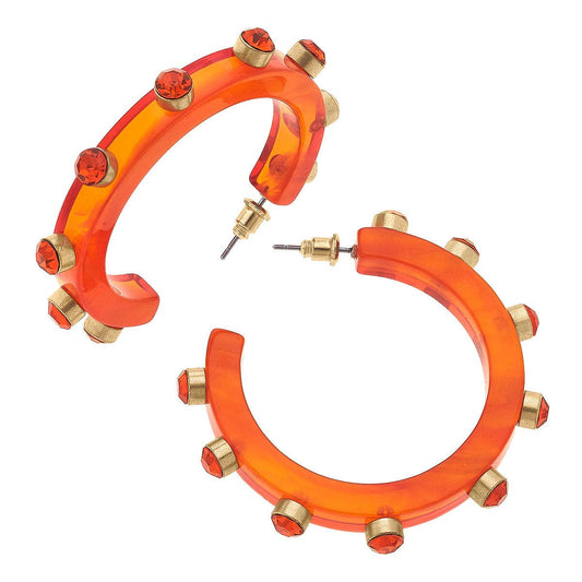 Renee Resin and Rhinestone Hoop Earrings - Orange