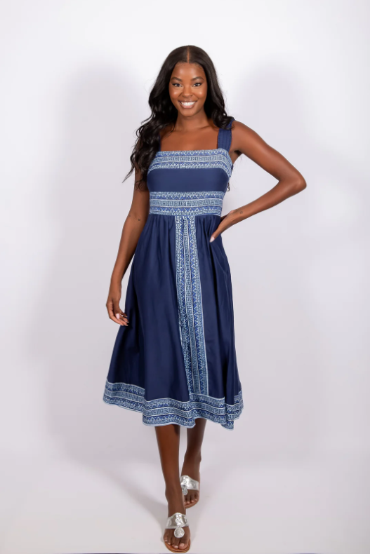 Midi Dress - Navy/Placid Border Print