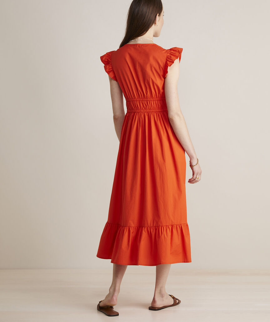 Poplin Flutter-Sleeve Midi Dress