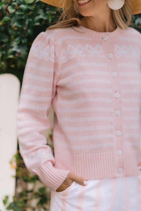 Button Front Bow Cardigan - Blush