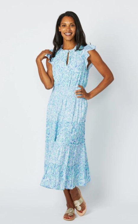 Blue Multi Flutter Sleeve Midi Dress