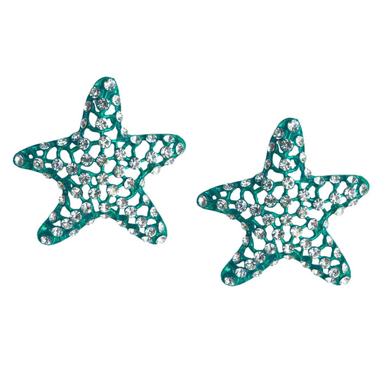 Rhinestone Starfish Statement Earrings - Green