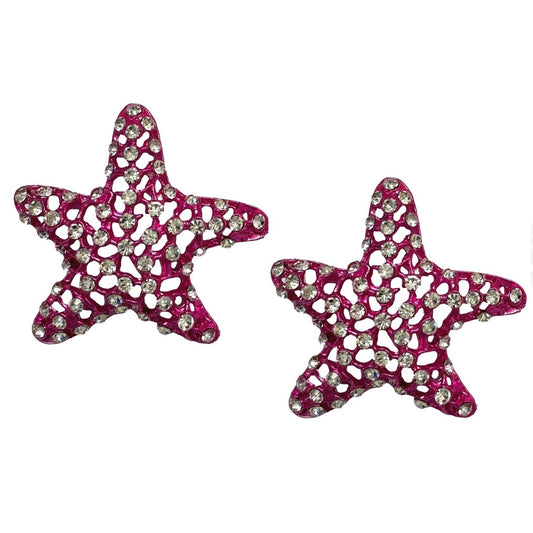 Rhinestone Starfish Statement Earrings - Pink