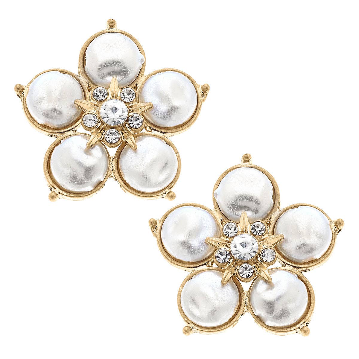 Blythe Flower Pearl Stud Earrings in Worn Gold